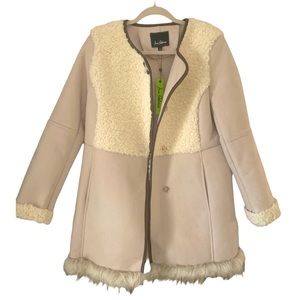 NWT Suede Faux Sherling Leather Trim Coat Jacket Buttons Cream Sam Edelman